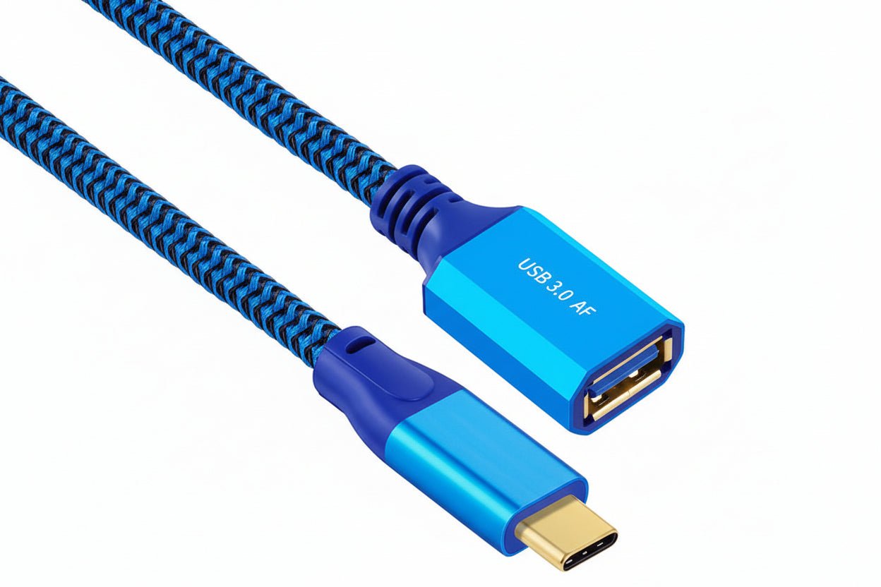 Blue USB 3.0 cable with braided design on a light gray background