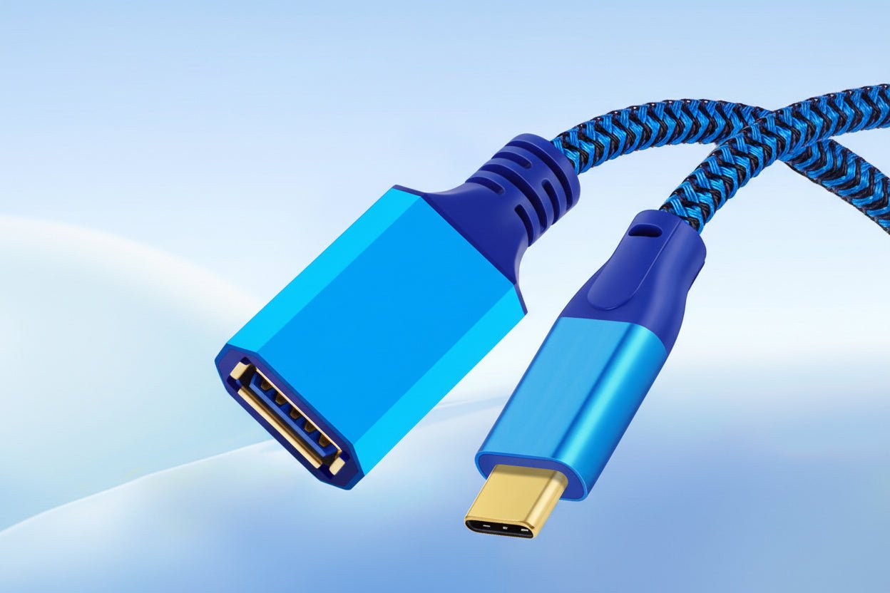 Blue USB cable with connectors on a light blue background