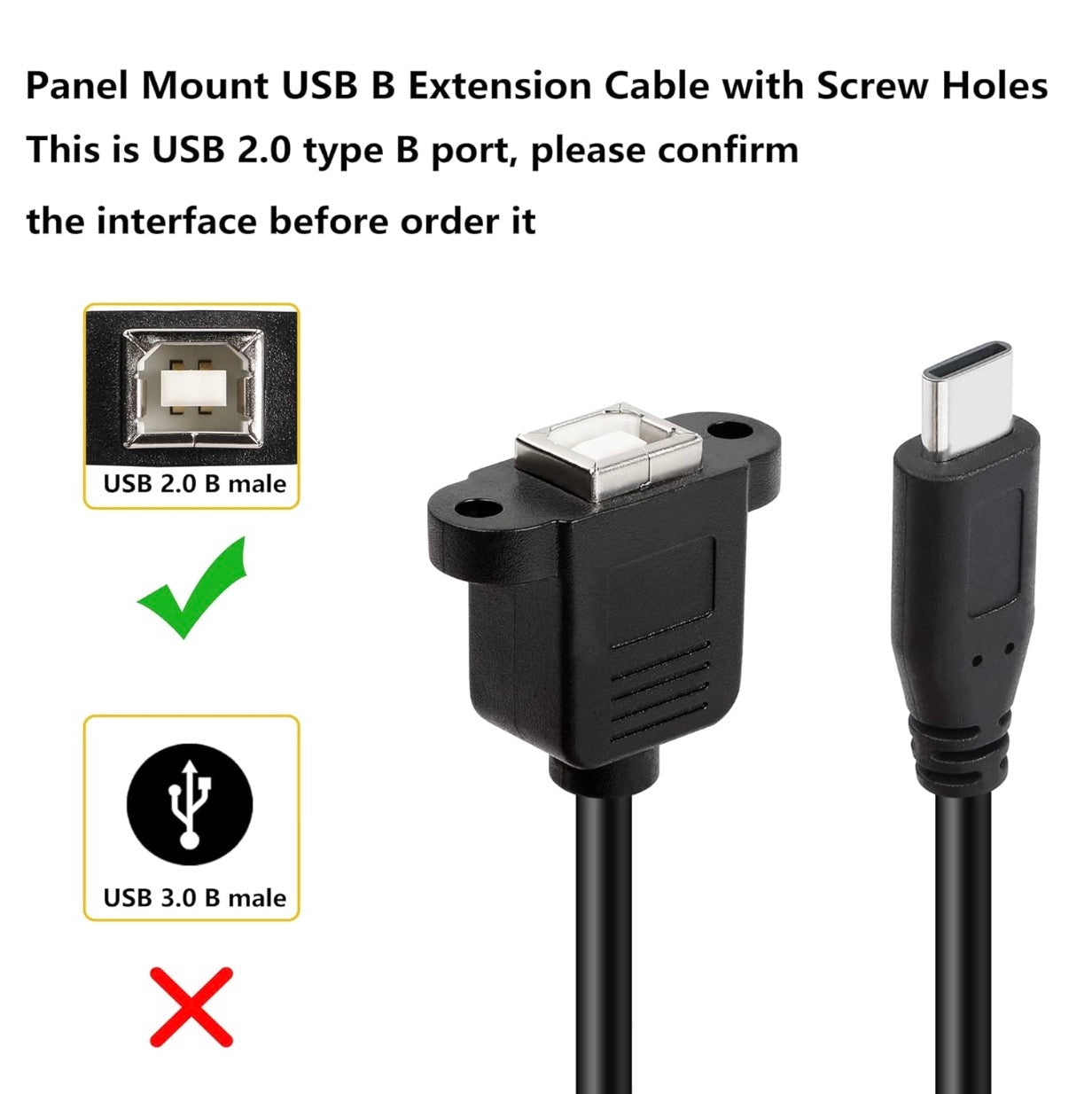 USB C to USB Type B panel mount cable compatible with printers scanners and USB devices