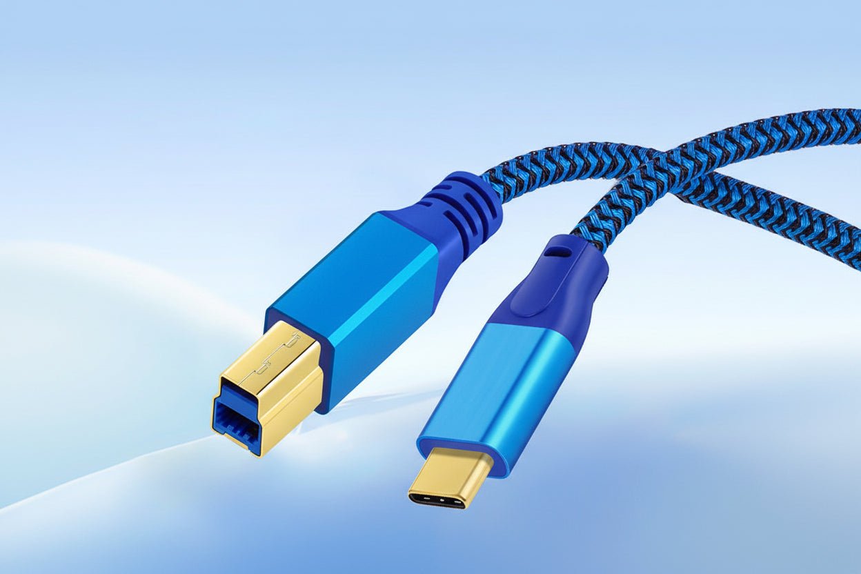 Blue USB cable with connectors on a light blue background
