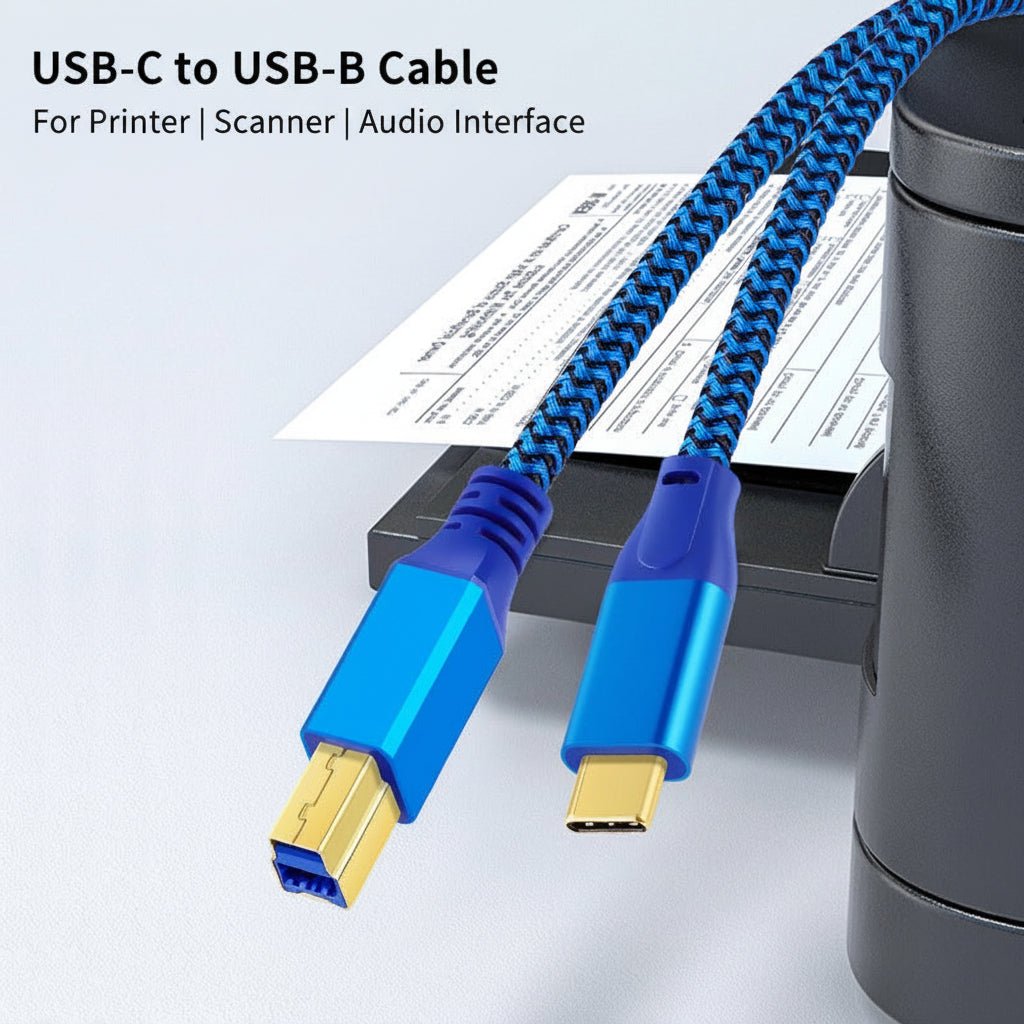 Blue and gold Type-C cable with a printer on a white background