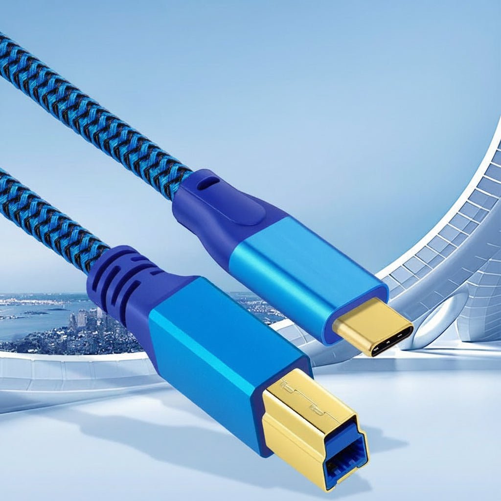 Blue and gold cable with connectors on a light blue background