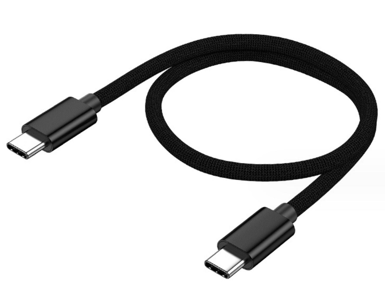 A black USB C to USB C cable with a braided design, showing the USB C connectors on both ends.