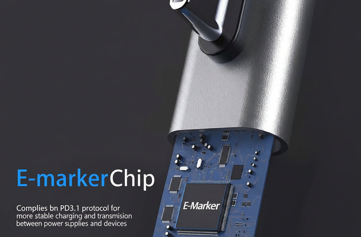 Electronic device with E-marker chip on a dark background