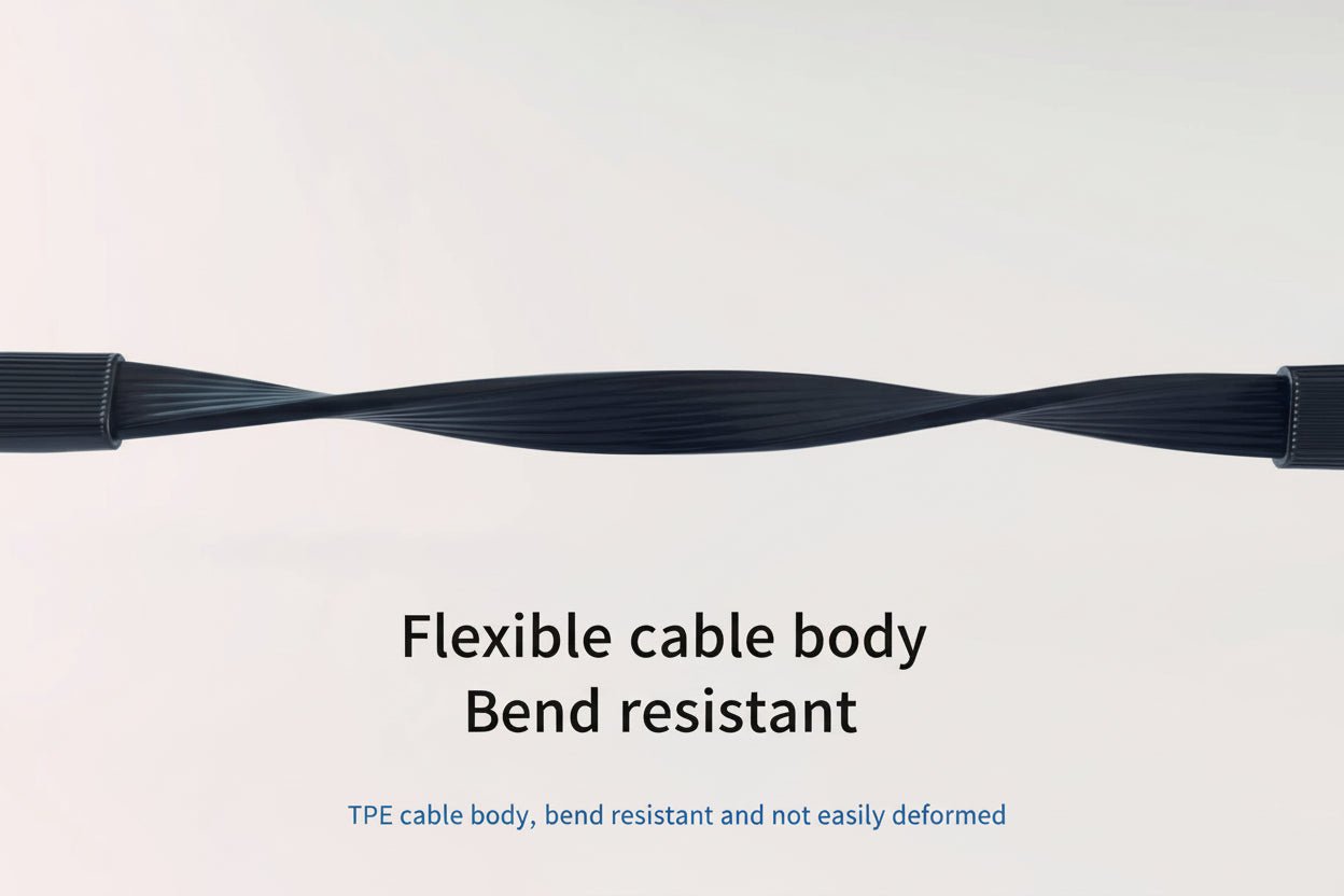 Black flexible cable on a light gray background with text in Chinese.