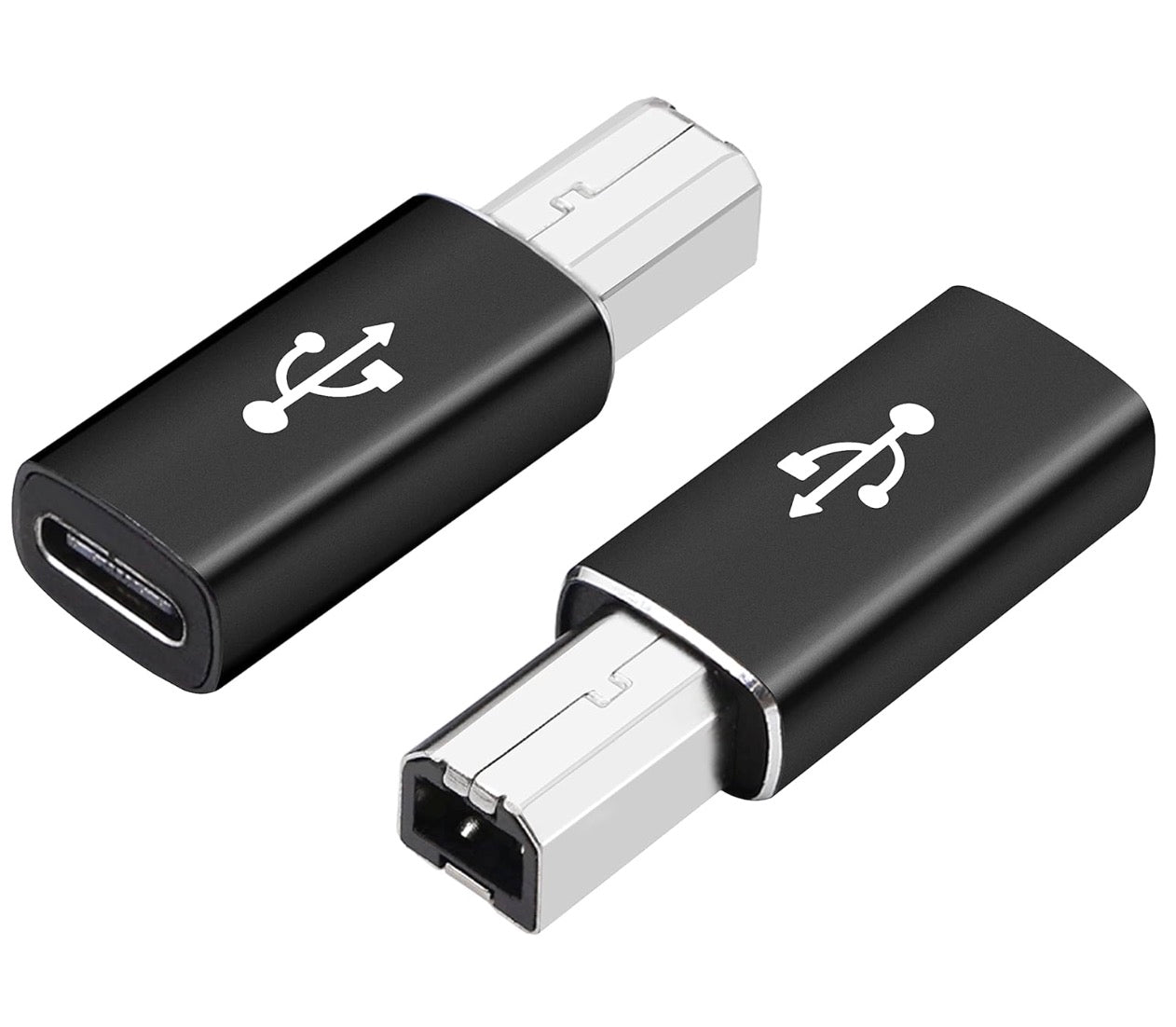 USB C female to USB Type B male adapter showing connector design and aluminium housing