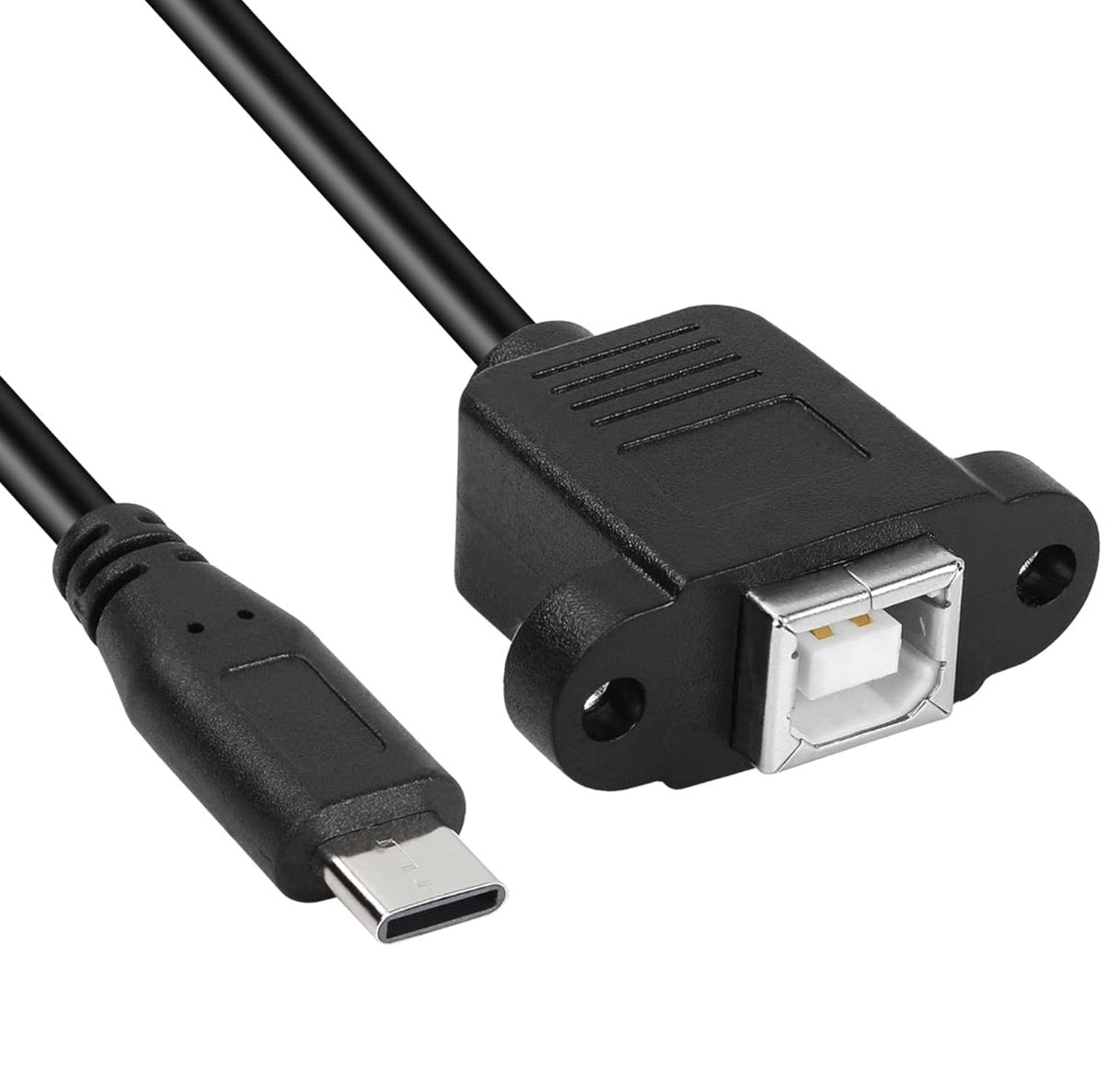 USB C to USB Type B panel mount extension cable showing connector details