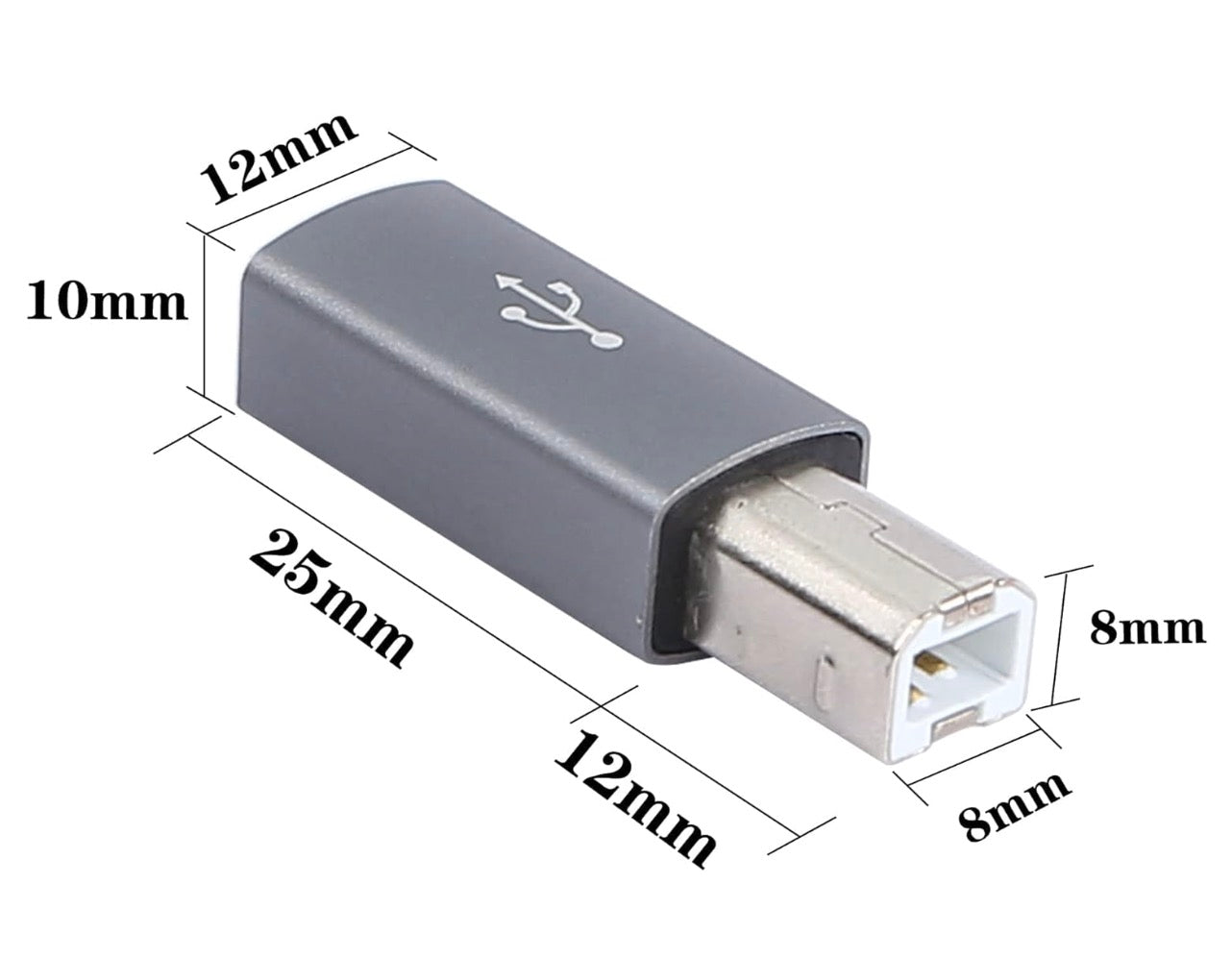 USB C to USB Type B adapter showing product dimensions and compact design