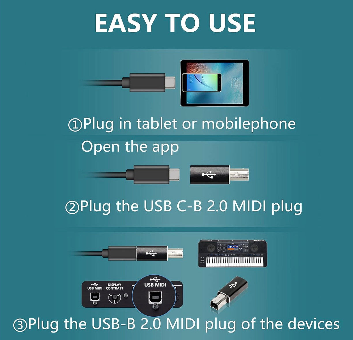 USB C female to USB Type B adapter connected to MIDI keyboard and music equipment