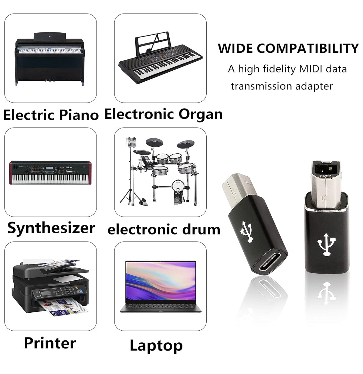 USB C to USB Type B adapter compatible with MIDI keyboards electronic organs and drum machines