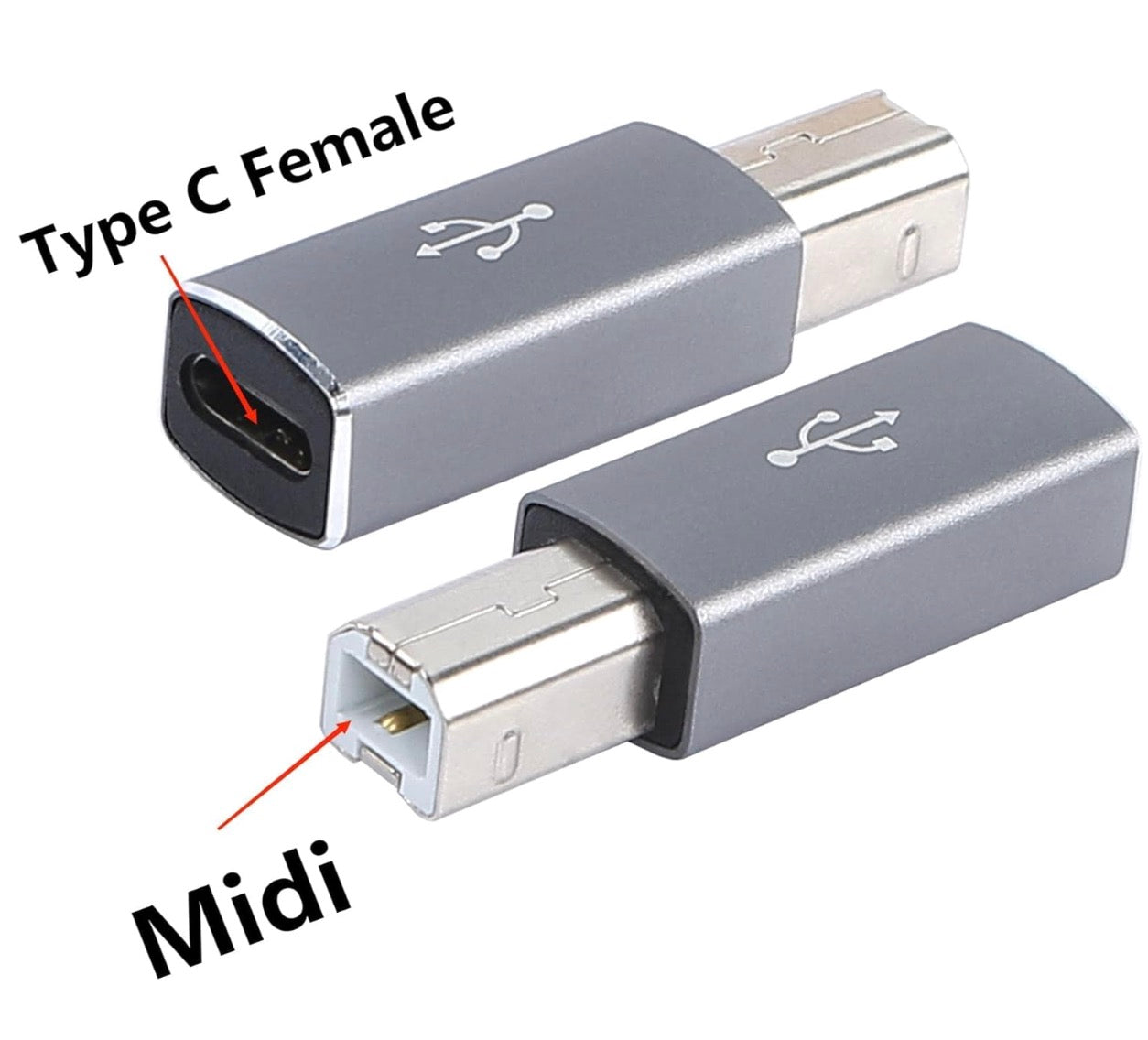 USB C female to USB Type B male MIDI adapter showing connector orientation