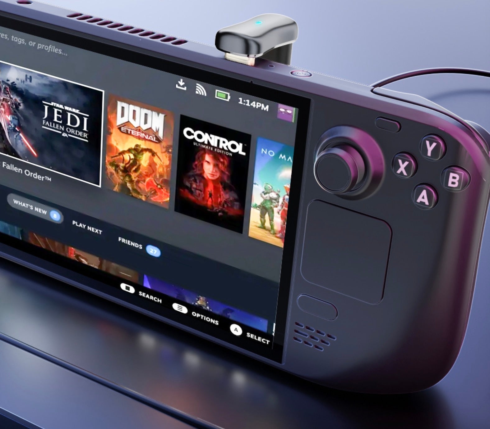 USB-C U shape OTG adapter connected to a Steam Deck handheld gaming console for space-saving cable management