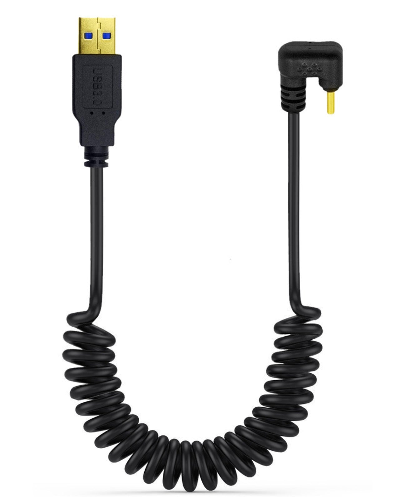 USB C to USB 3.0 coiled cable with U shape connector for compact cable routing