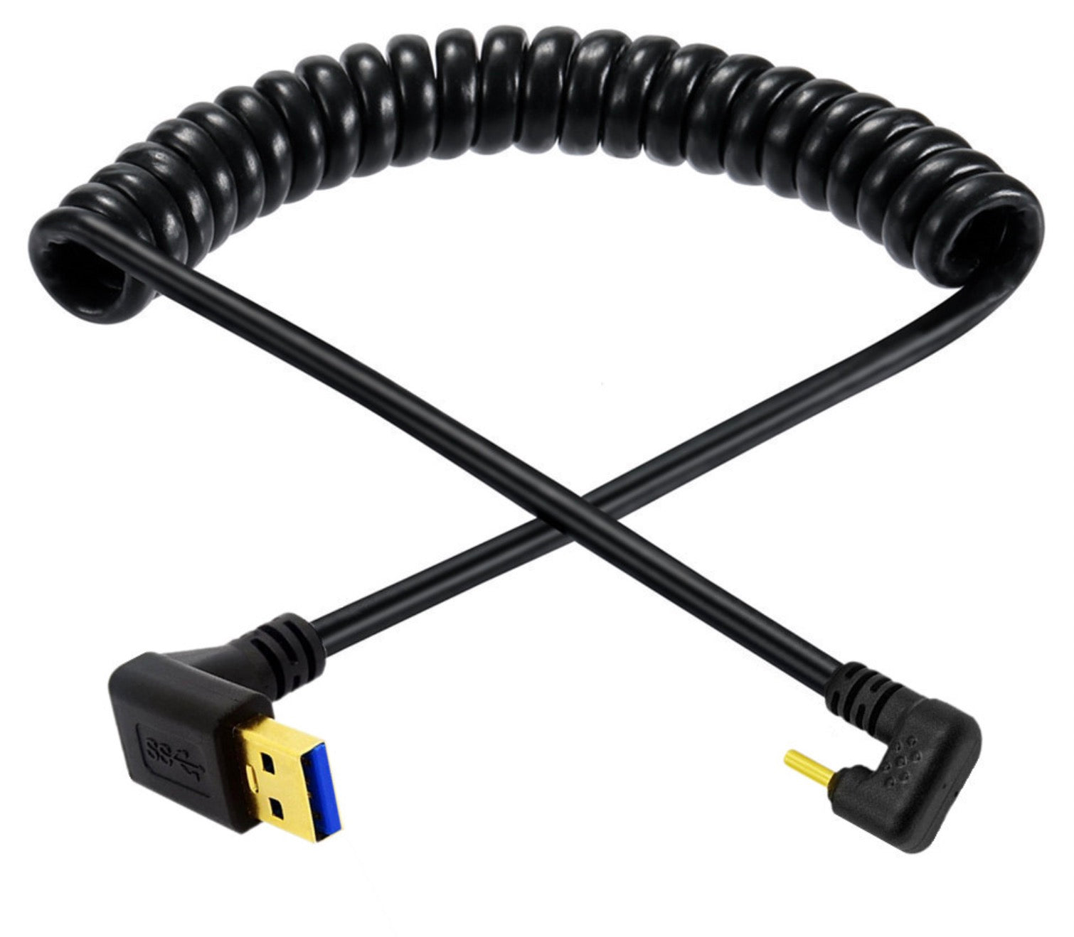 USB C to USB 3.0 coiled cable with U shape down angle connector for compact cable routing