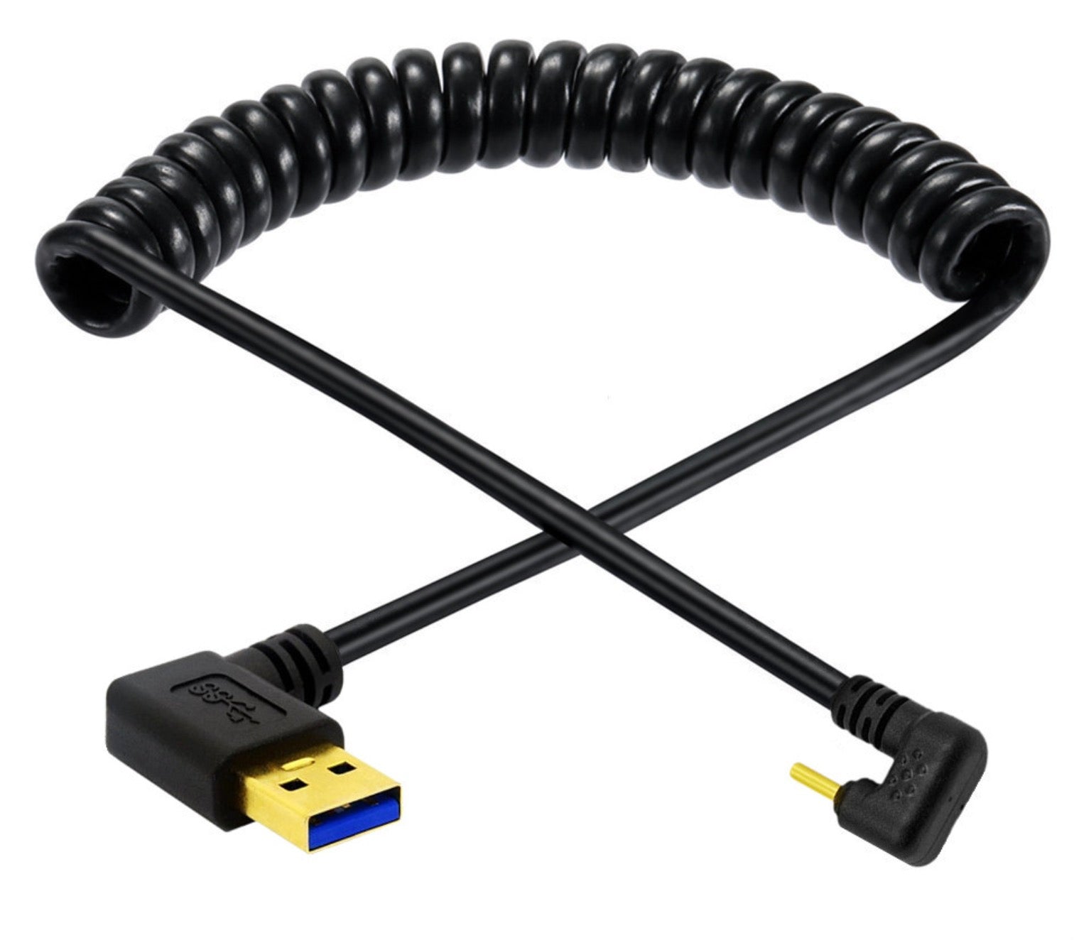 USB C to USB 3.0 coiled cable with U shape left angle connector for compact cable routing