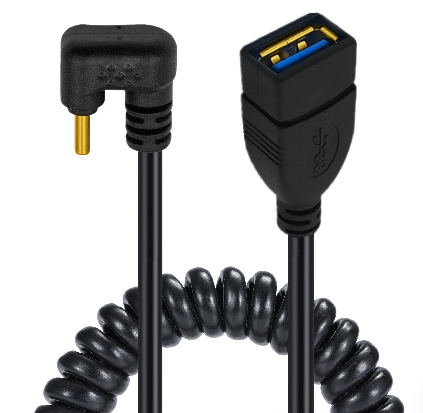 USB C U shape OTG cable showing coiled cable design and USB 3.0 female connector