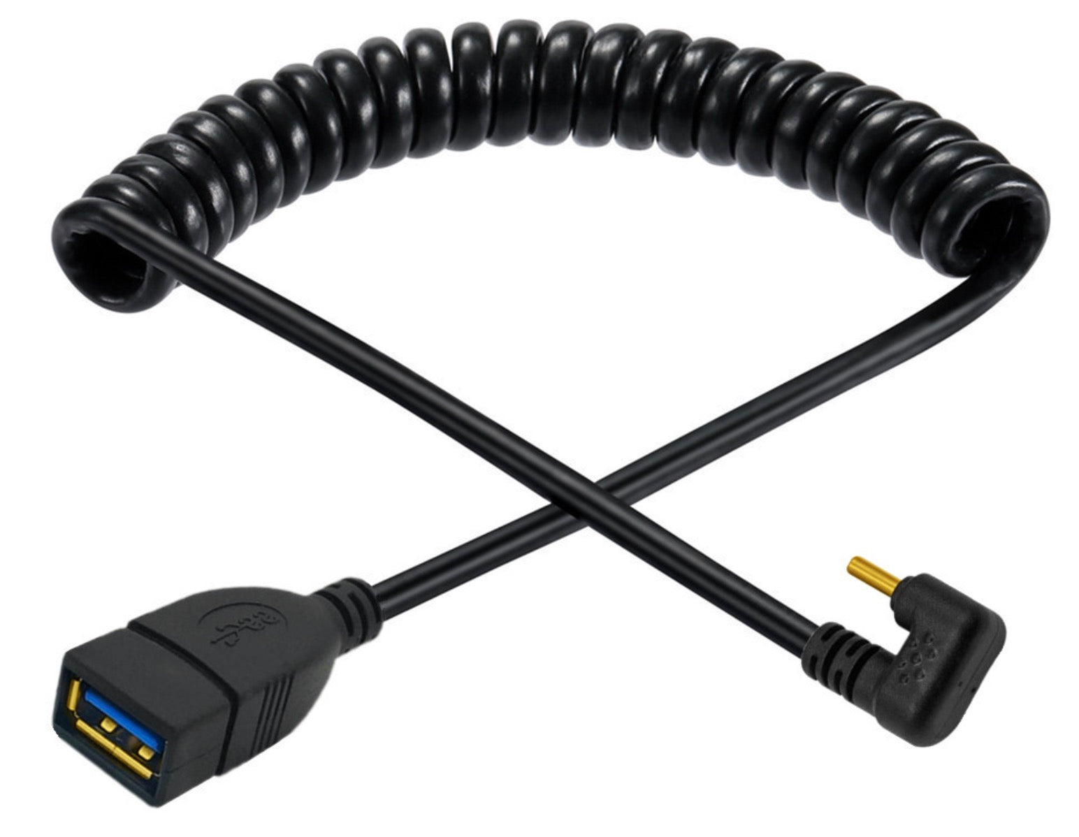 USB C U shape to USB 3.0 OTG coiled cable extended for increased reach and flexibility