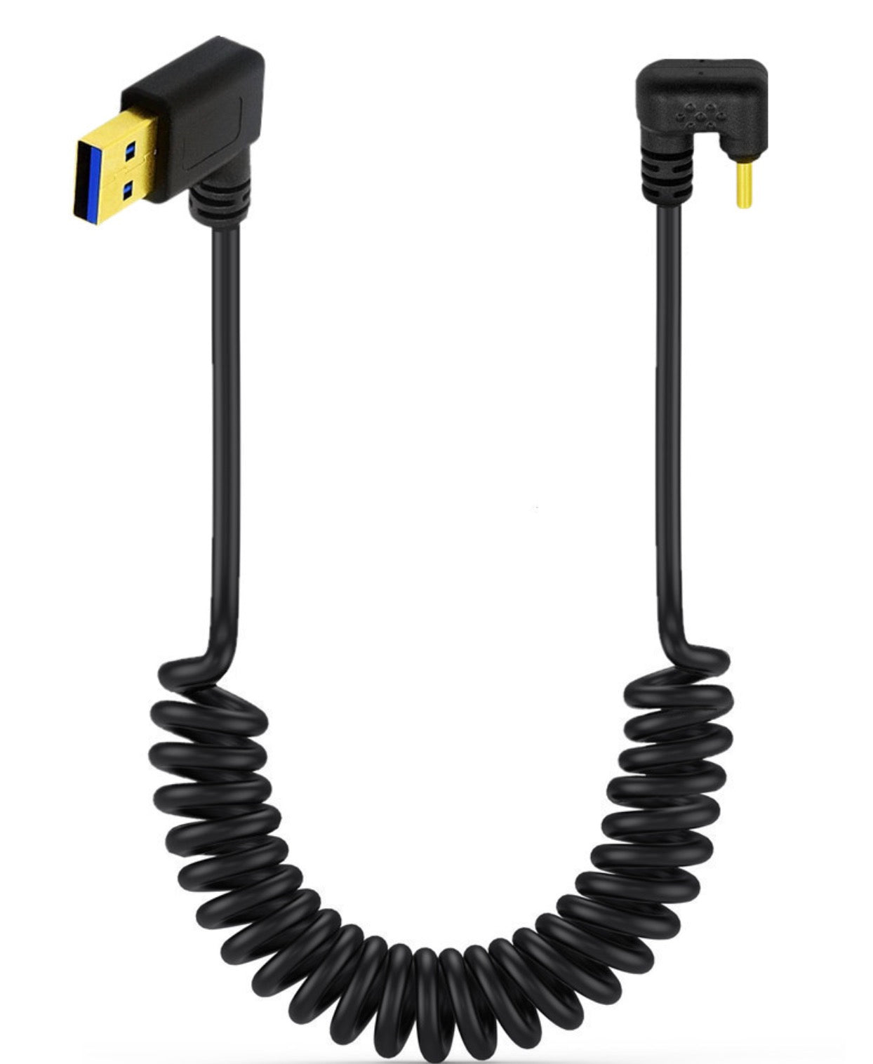 USB C U shape right angle coiled cable shown extended for flexible charging and data connectivity