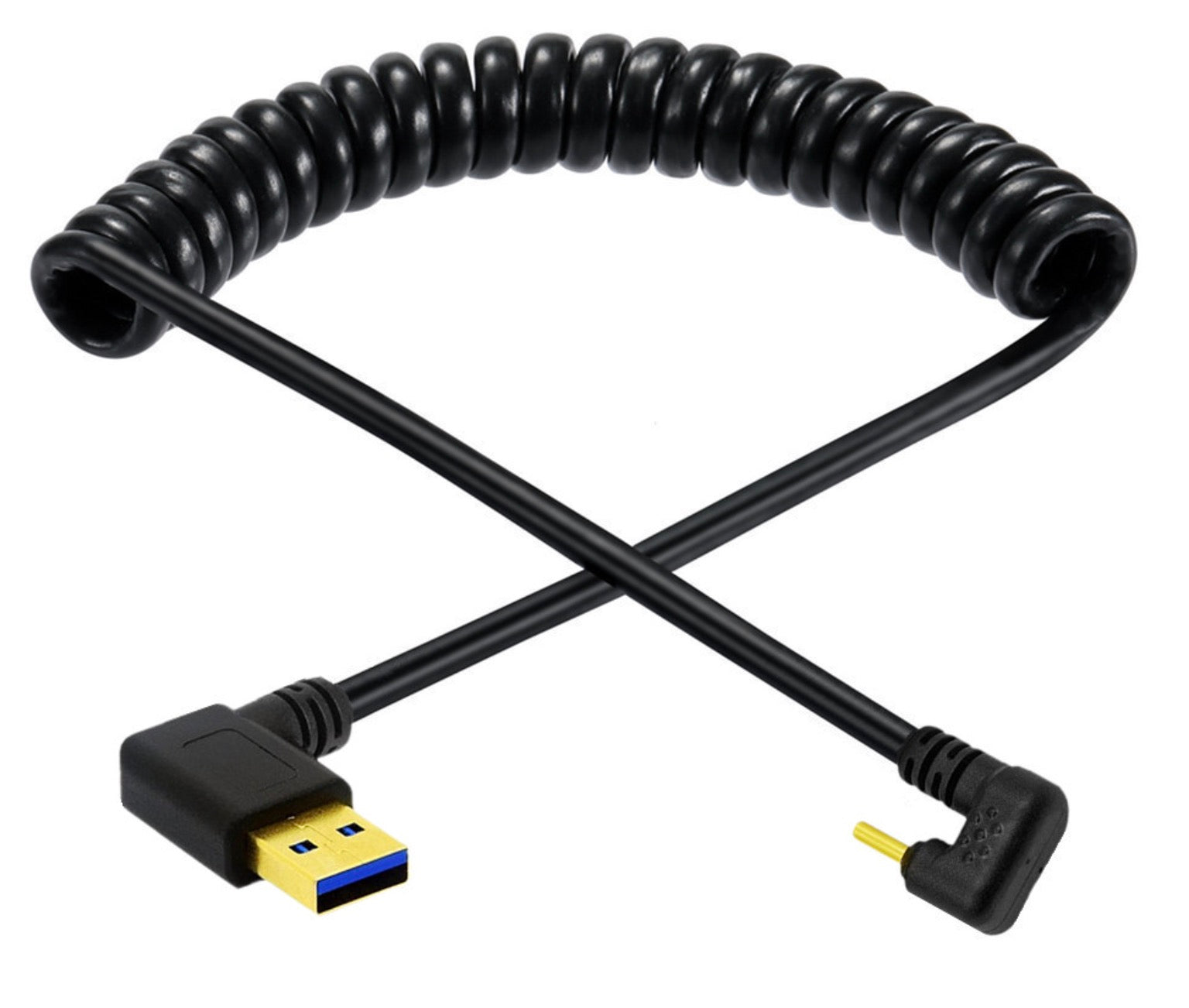 USB C to USB 3.0 coiled cable with U shape right angle connector for compact cable routing