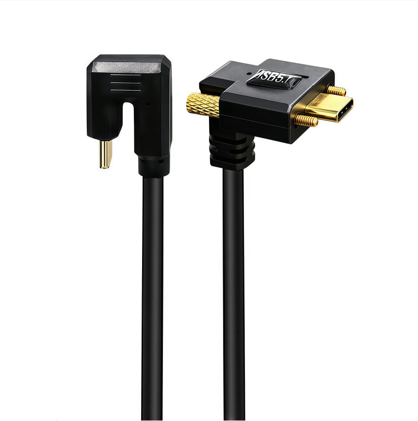USB-C cable with U-shaped end and right-angle locking end for compact installations