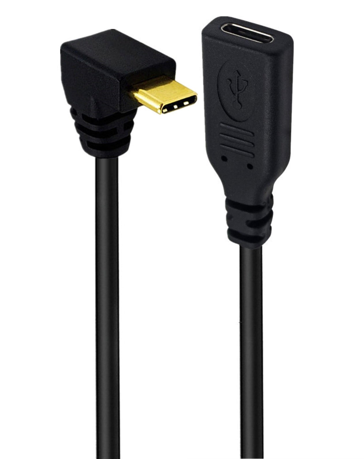 USB C female and up down angle USB C male connectors on coiled extension cable
