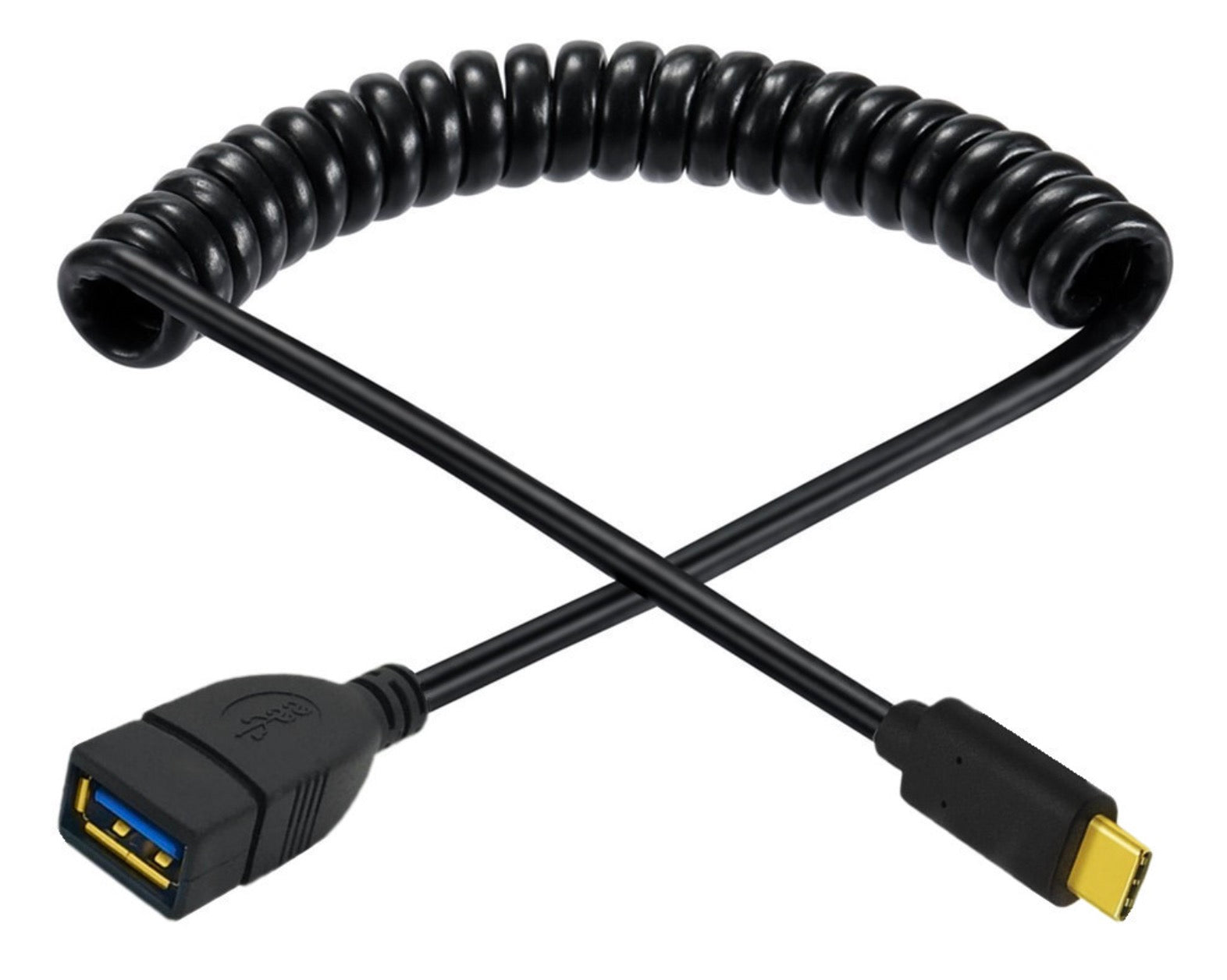 USB C to USB 3.0 OTG coiled cable extended for increased reach and flexibility