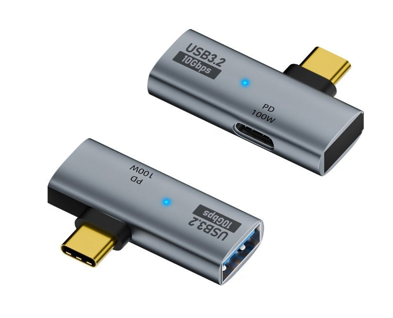 Compact USB-C to USB 3.0 female OTG adapter showing USB-C PD charging port and USB-A connection