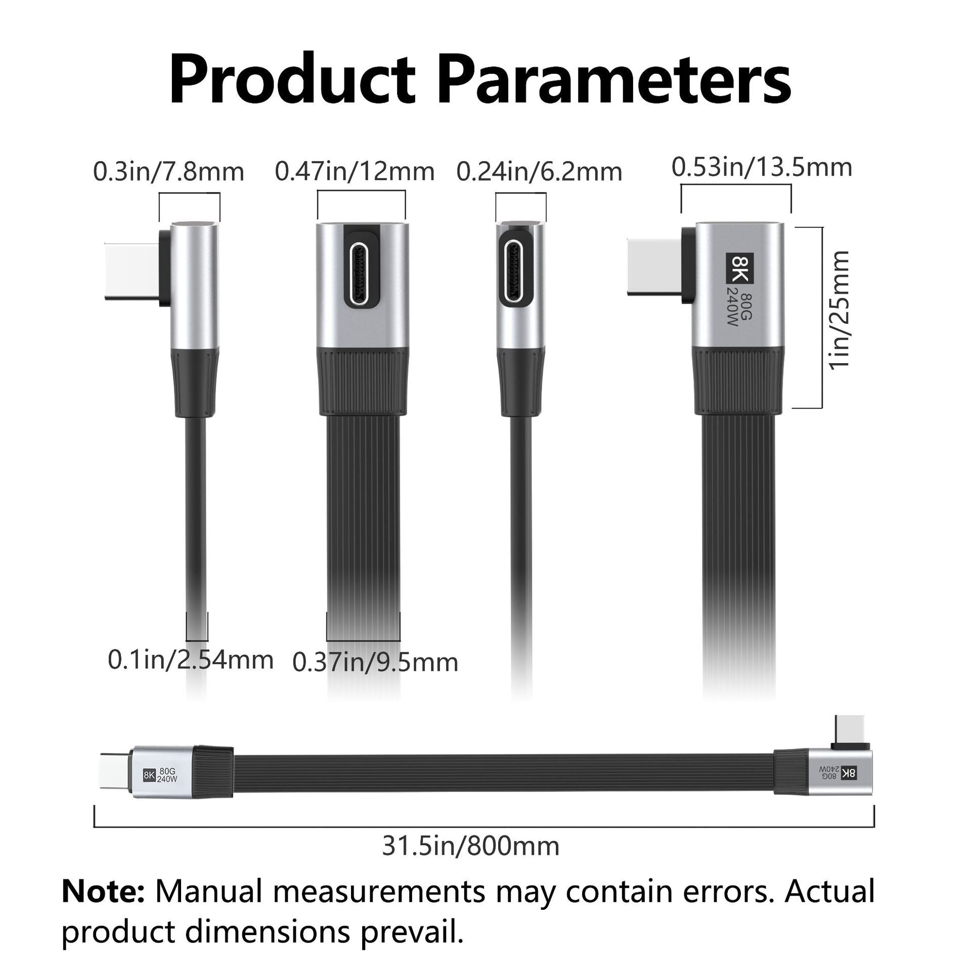 Measurement chart of a USB cable with various dimensions labeled.