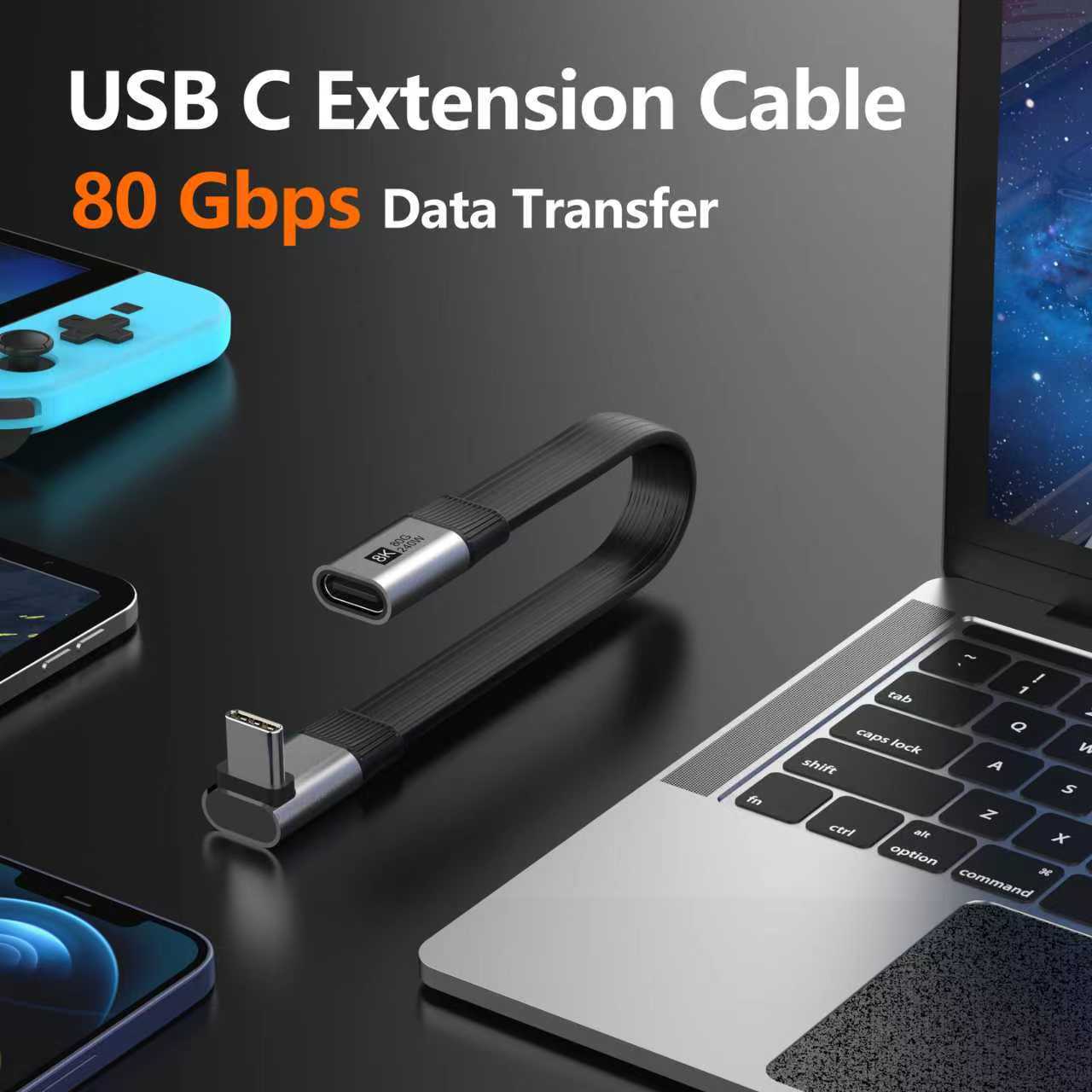 USB C extension cable with 80 Gbps data transfer on a laptop and phone setup.