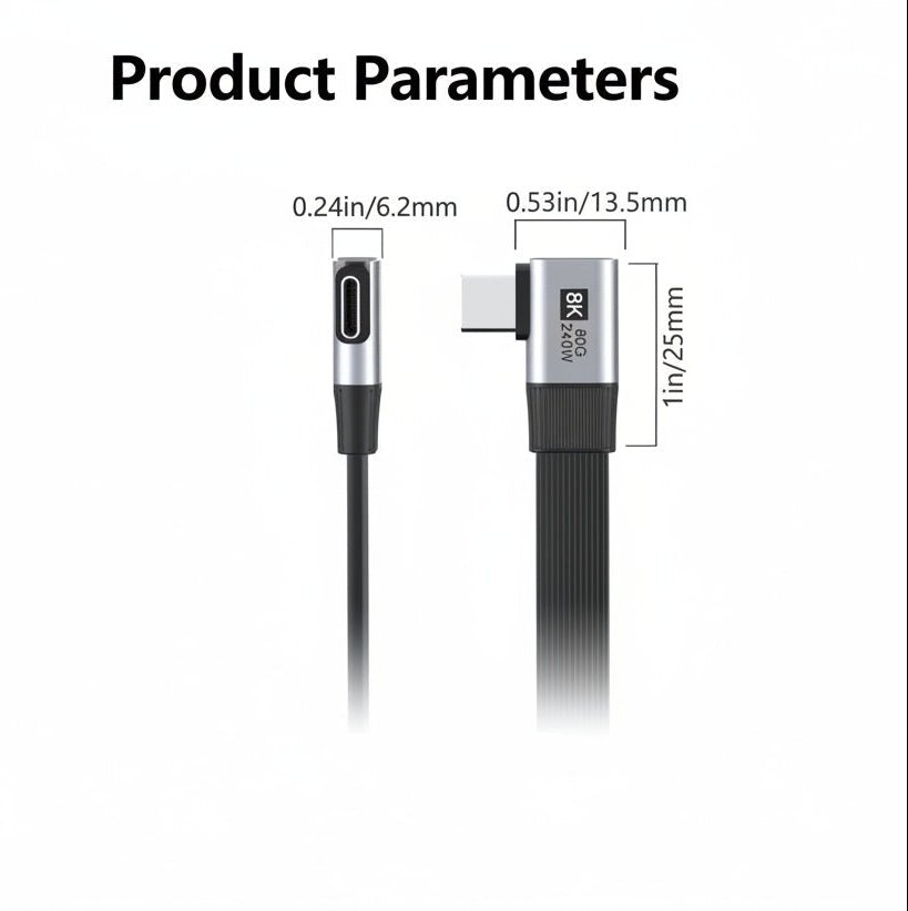 Measurement details of a cable with connectors on a white background