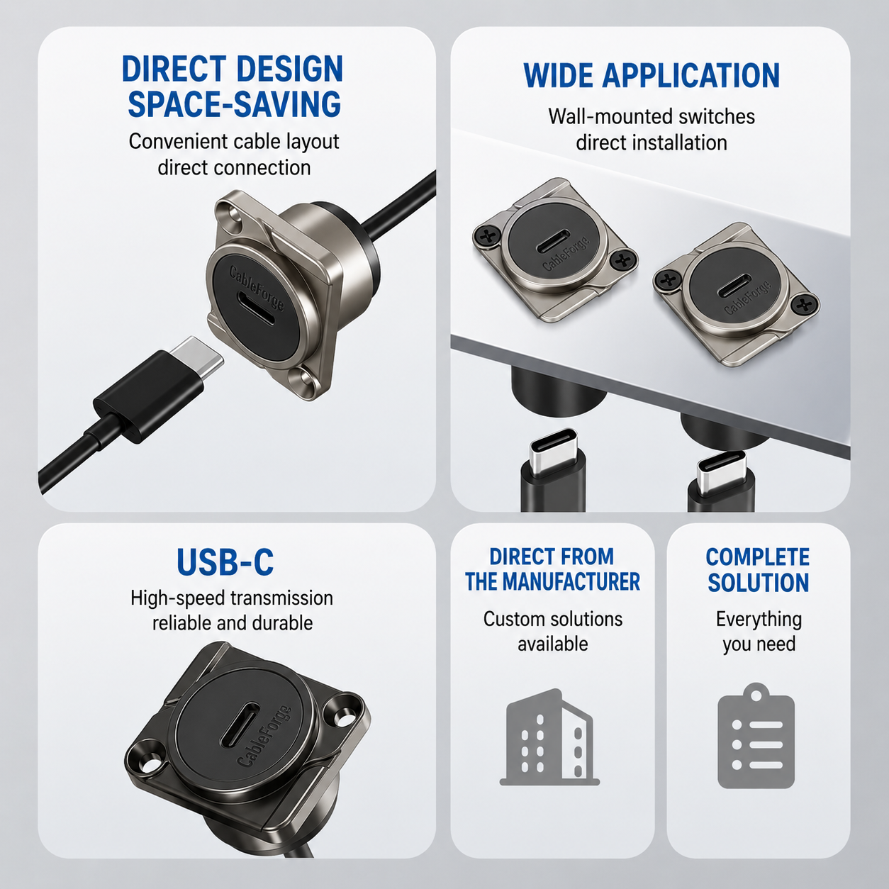 Product features with USB-C connection and wall-mounted switches on a gray background
