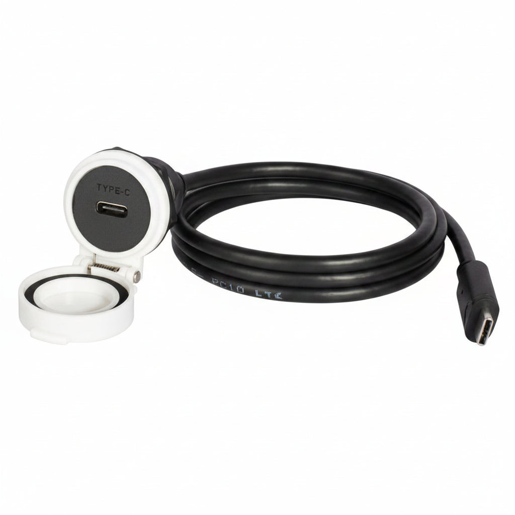 USB Type-C cable with a white connector on a white background