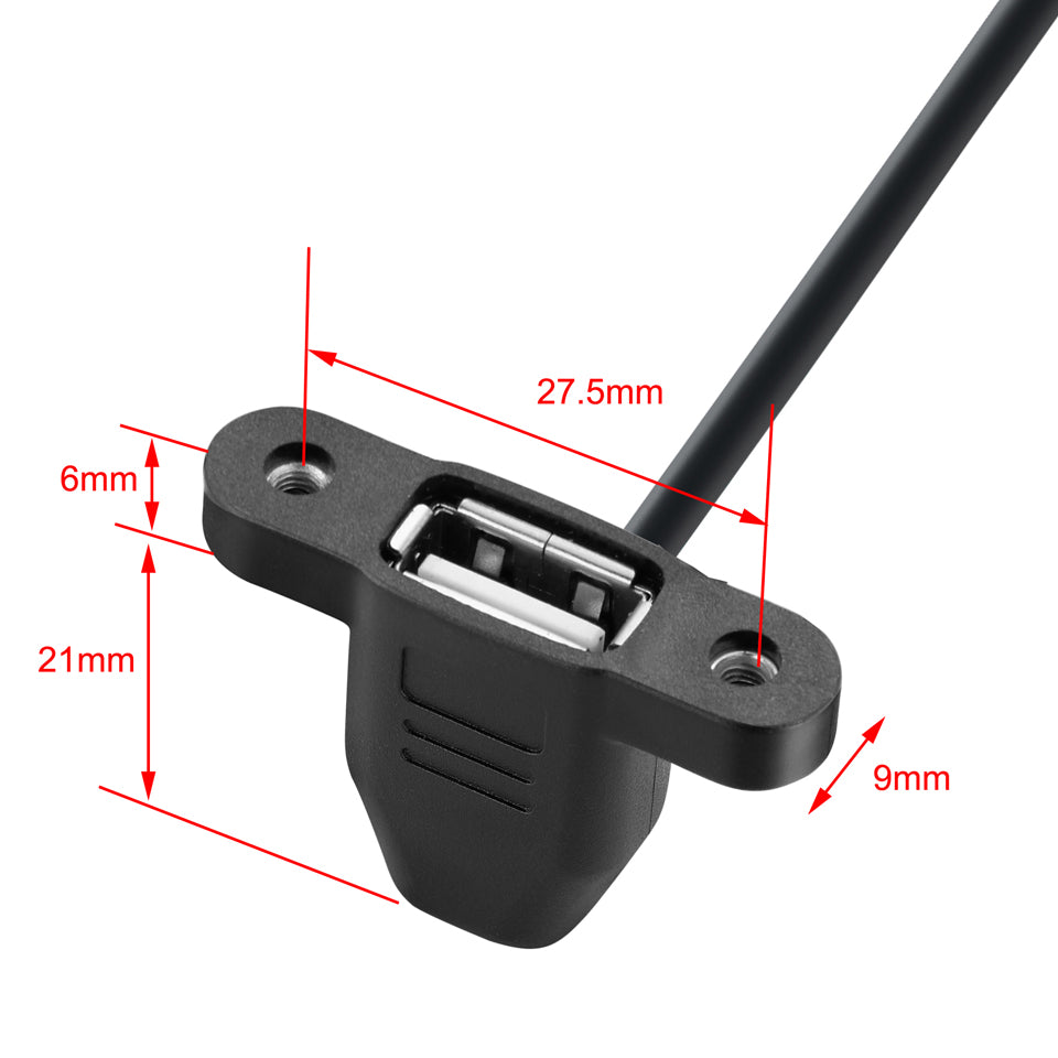 USB 2.0 panel mount extension cable installed in a vehicle dashboard for convenient USB access