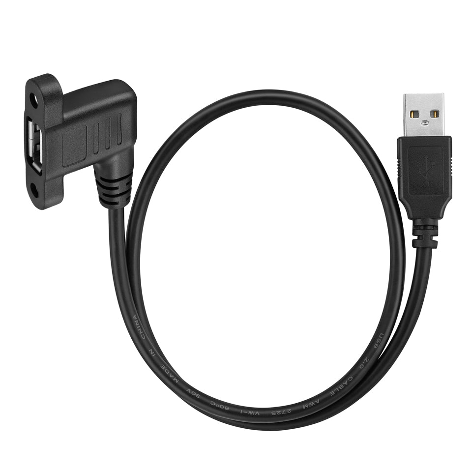 USB 2.0 right-angled panel mount extension cable installed in a vehicle dashboard for convenient USB access