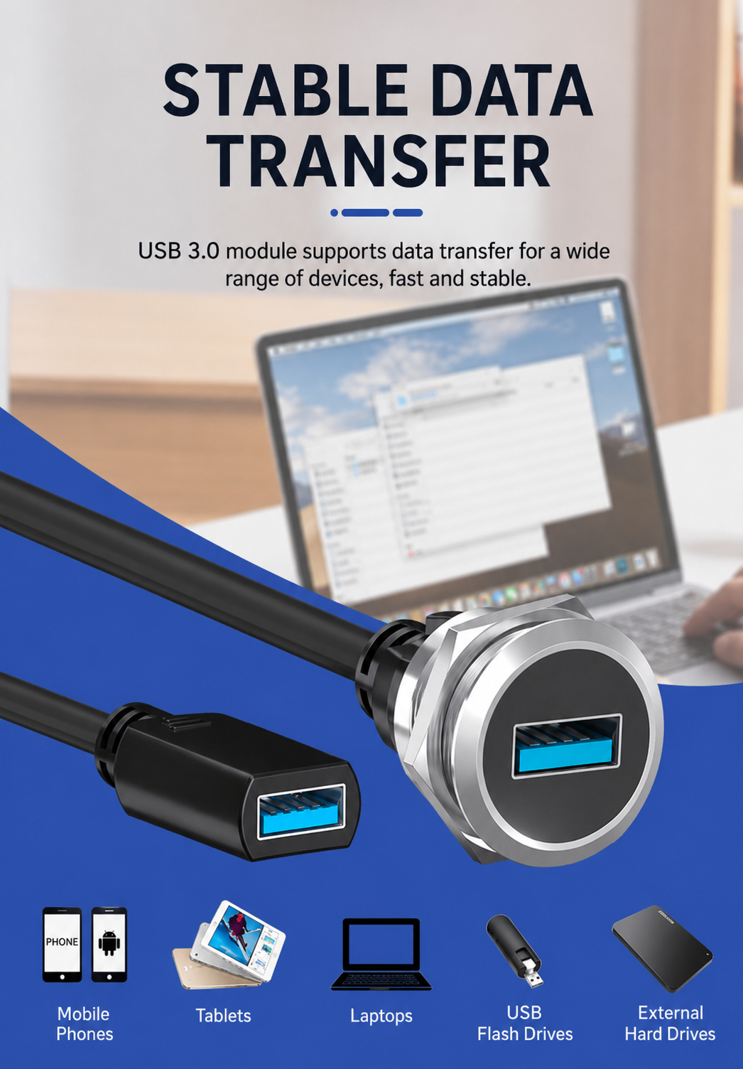Black USB 3.0 panel mount connector