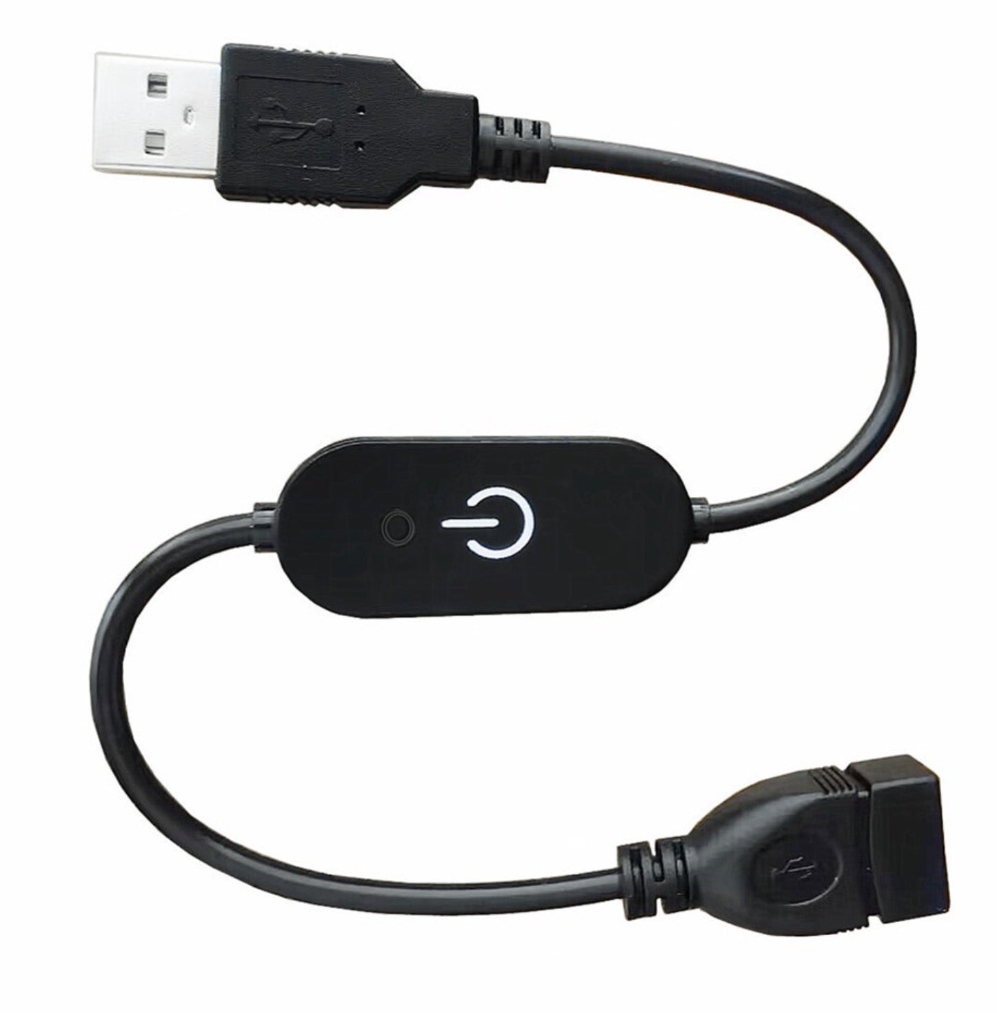 USB inline touch dimmer switch for LED strip lights with black housing and USB connectors