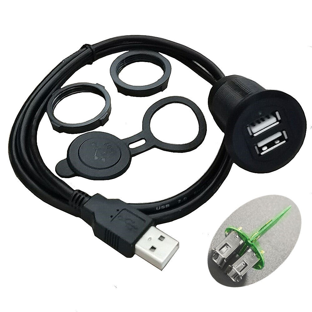 USB 2.0 dual port panel mount extension cable installed in a vehicle dashboard