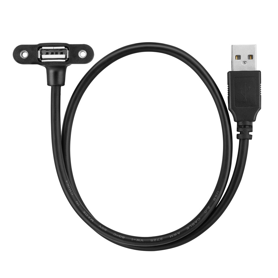 USB panel mount extension cable showing connector dimensions and mounting points