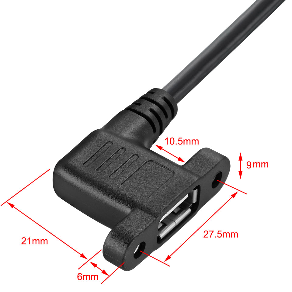 USB panel mount extension cable showing connector dimensions and mounting points