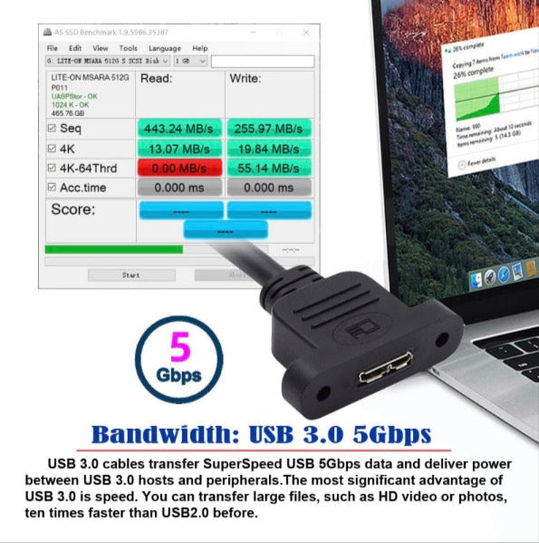 USB 3.0 cable with laptop and benchmark software on screen