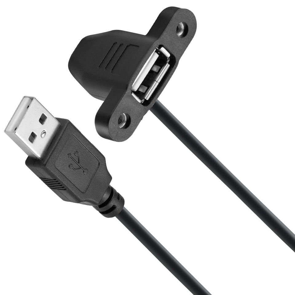 USB Type-A panel mount extension cable installed on a dashboard or faceplate