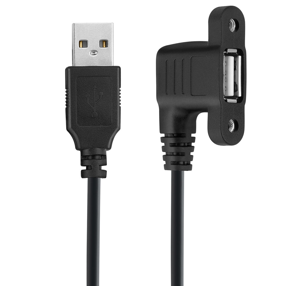 USB Type-A panel mount extension cable installed on a dashboard or faceplate