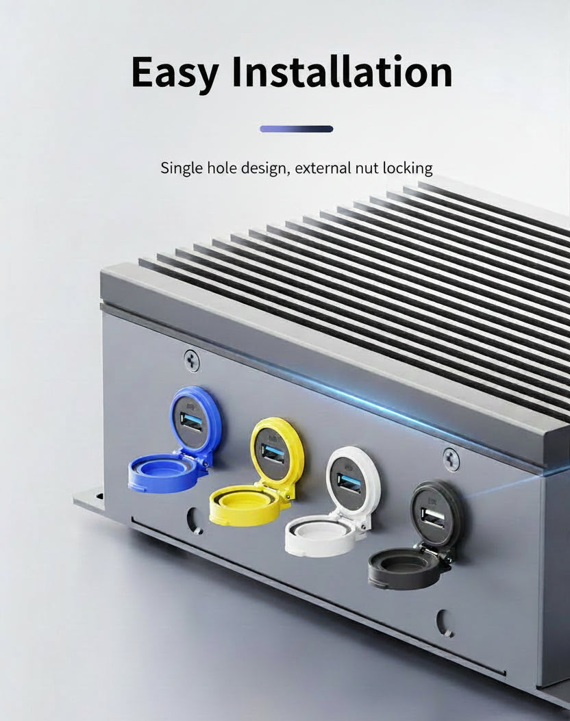 Metallic electronic component with USB ports and text 'Easy Installation' on a gray background