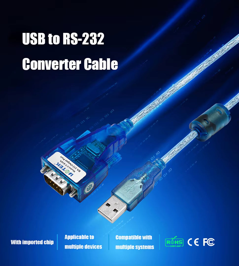 USB to RS-232 converter cable with a blue translucent connector housing and braided cable, shown on a dark blue background with text overlays and certification logos.
