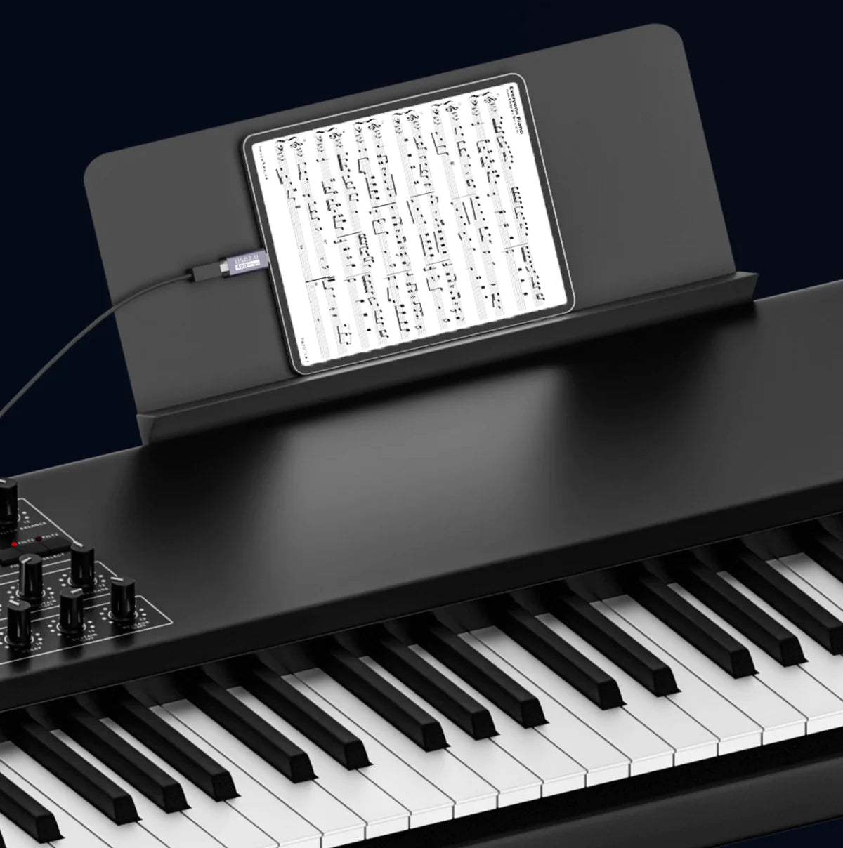 USB Type B adapter connected to MIDI keyboard and digital piano equipment
