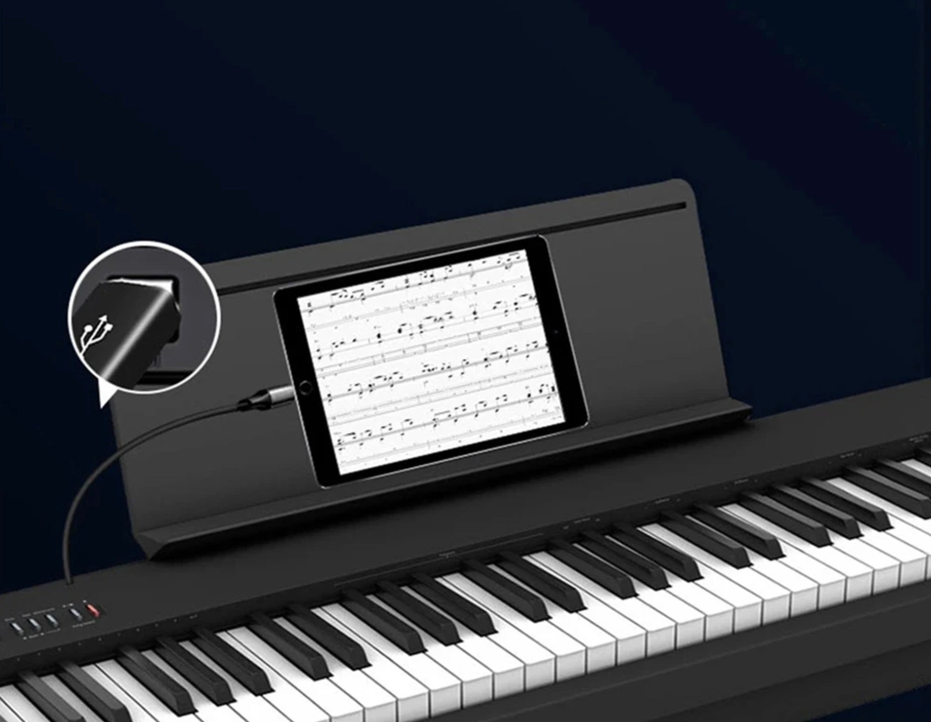 USB Type B to USB C adapter connected to MIDI keyboard and music equipment