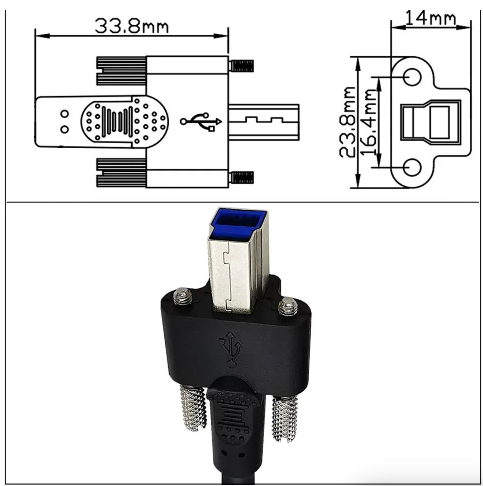 USB 3.0 Type-B panel mount extension cable technical dimensions and mounting specification diagram