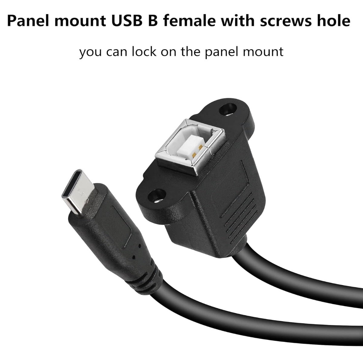 USB Type B female panel mount extension cable installed through equipment panel