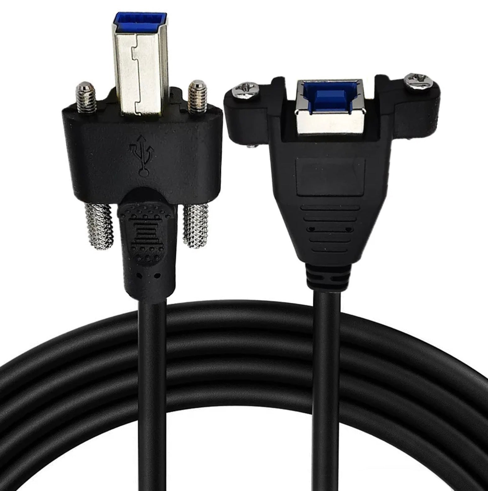 Close-up of USB 3.0 Type-B female panel mount connector with integrated mounting brackets