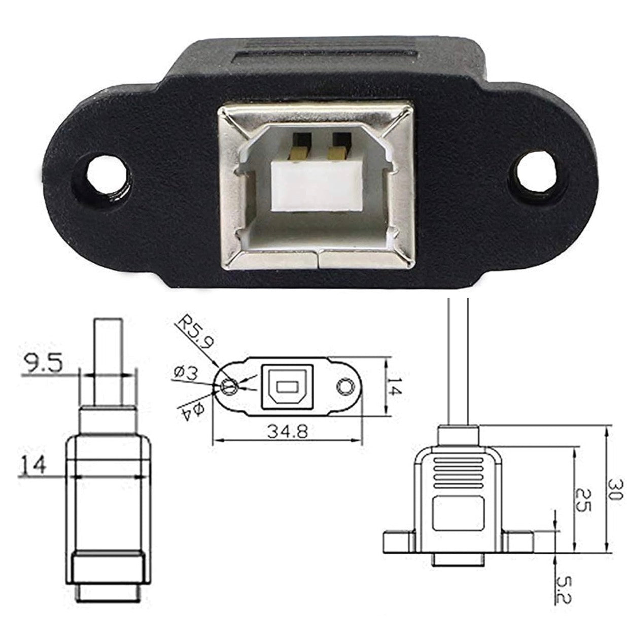 USB Type B female panel mount connector showing mounting dimensions and screw positions